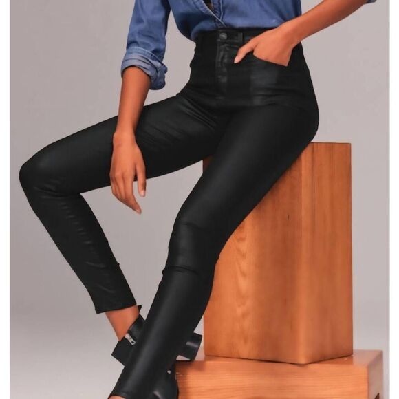 NWT Abercrombie & Fitch Jeans Women's 12 Short Black Super Skinny Ankle Coated - Picture 1 of 5